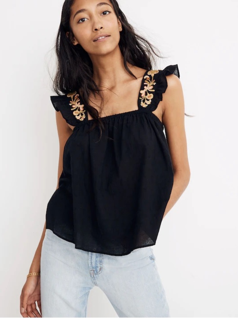 Madewell Embroidered Ruffle Strap Black Tank Top